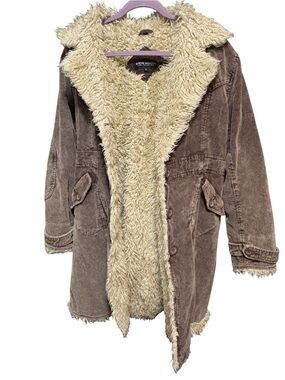 Steve Madden Brown Corduroy Coat with Cream Sherpa Trim.
